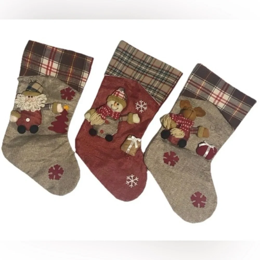 Christmas Snowman, Reindeer, & Santa Tan/Red/Black/Green Plaid Stocking Bundle